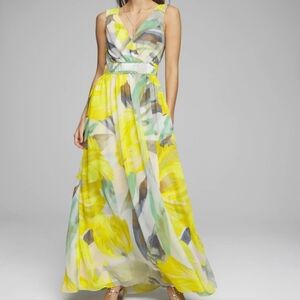 White House Black Market Yellow and Gray Tiered Maxi Dress